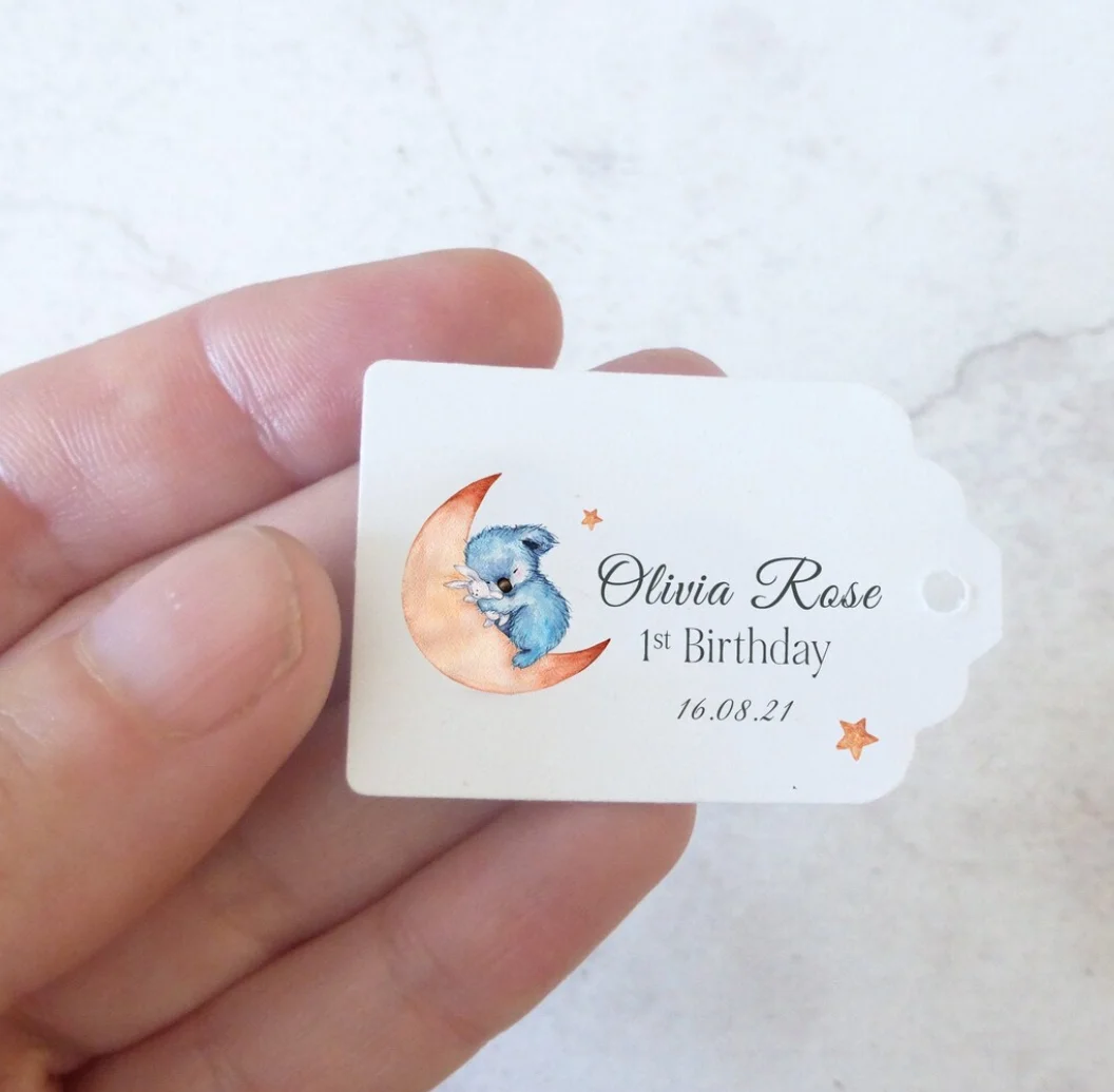 50pcs Personalised Birthday Tags, 1st birthday Tags, Birthday Labels, Koala Tags - Size small 3x4.5cm