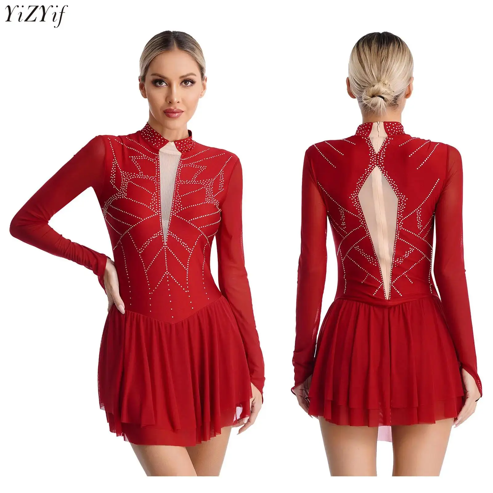 

Women Figure Skating Ballet Dance Dresses Long Sleeve Mesh Shiny Rhinestone Gymnastic Leotard Tutu Dress Performance Dancewear