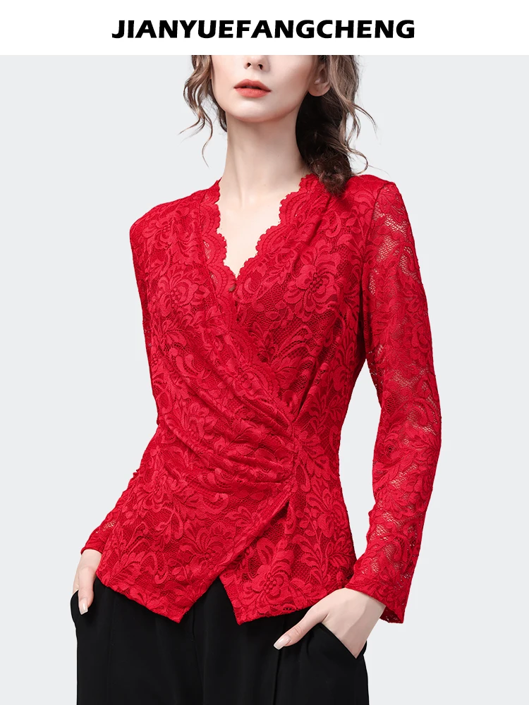 Sexy Skinny Ladies Red Lace Top 2023 Spring Summer Women Top Long Sleeve V-Neck Hook Flower Hollow Casual Bottoming Shirts