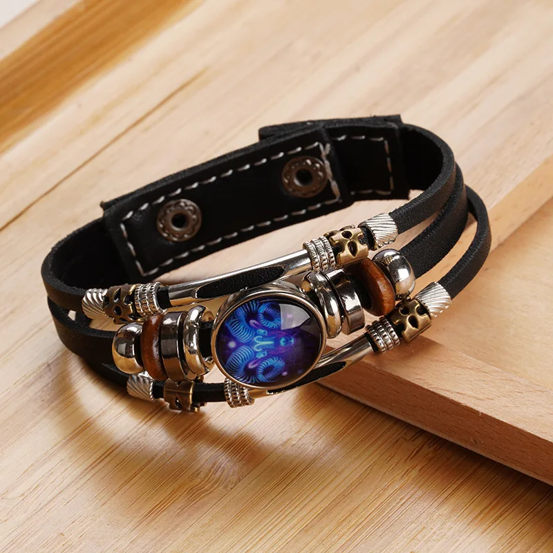 Constellations Luminous Leather Bracelet Retro Multi-layer Beaded Leather Bracelet Jewelry Gifts for Men Women Couples