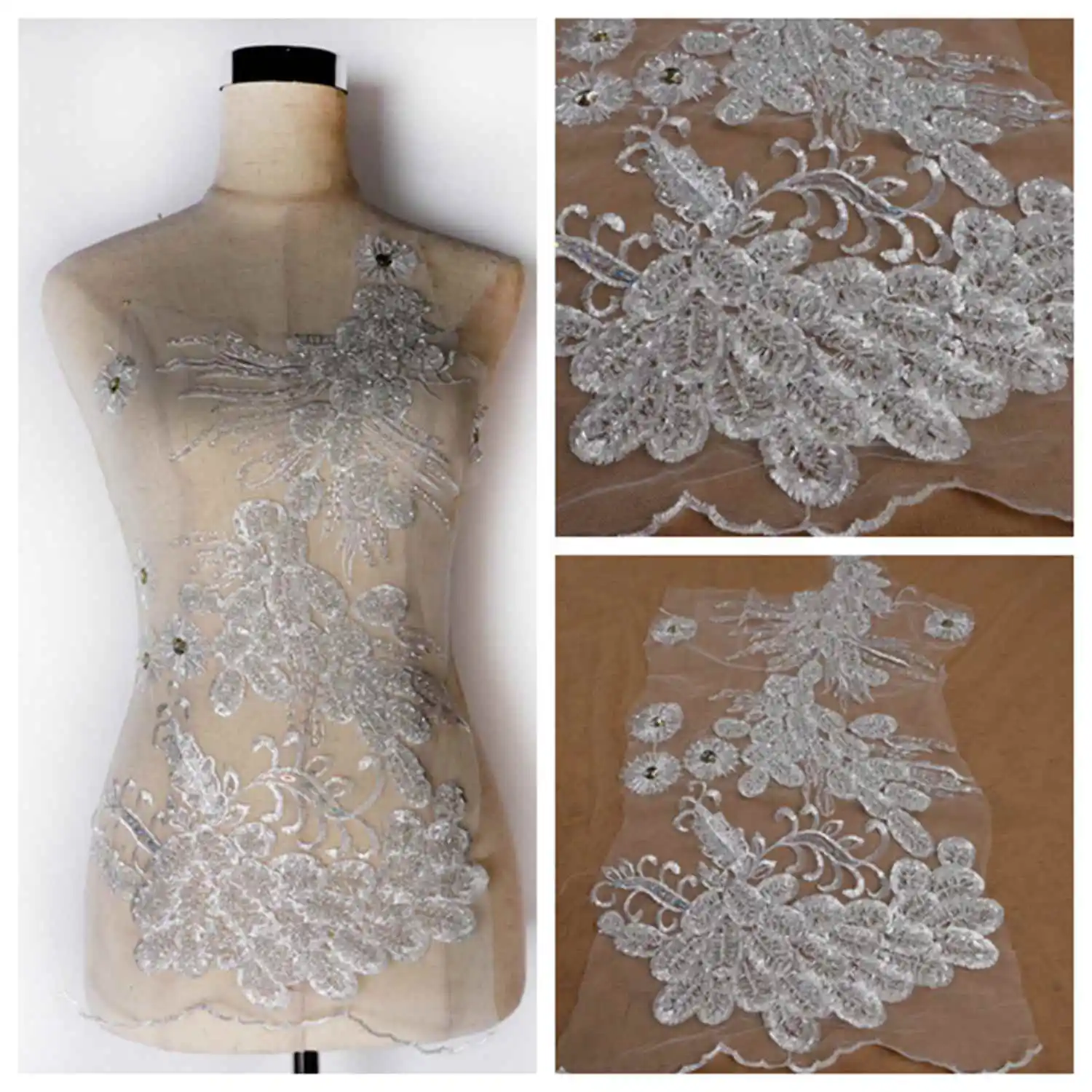 White hand beaded sequins lace embroidery cut wedding dress stage dress cloth patch one piece