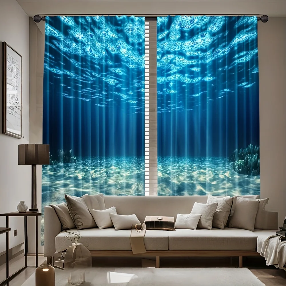 Underwater Ocean View Curtains Blue Sea Window Treatment sheer Tropical Nautical Bathroom Living Room Home Decor Waterproof Curt