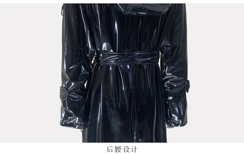 Nerazzurri Autumn Extra Long Shiny Black Soft Patent Pu Leather Trench Coat for Women with Hood Double Breasted European Fashion