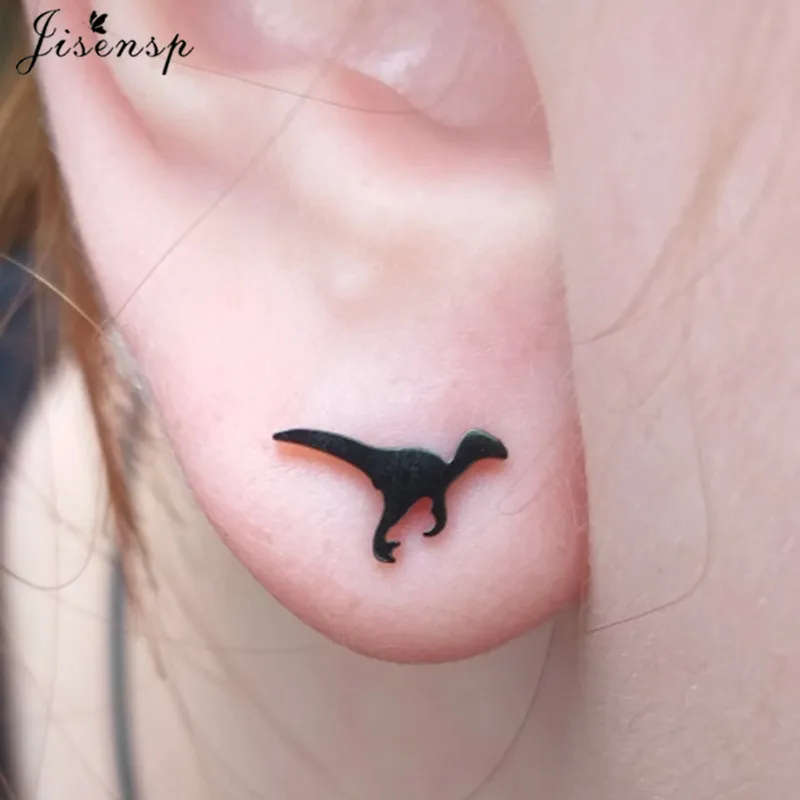 Korean Style Star Moon Ear Studs for Girls Minimalist Cat Puzzle Leaf Dinosaur Earrings Black Stainless Steel Jewelry Oorbellen