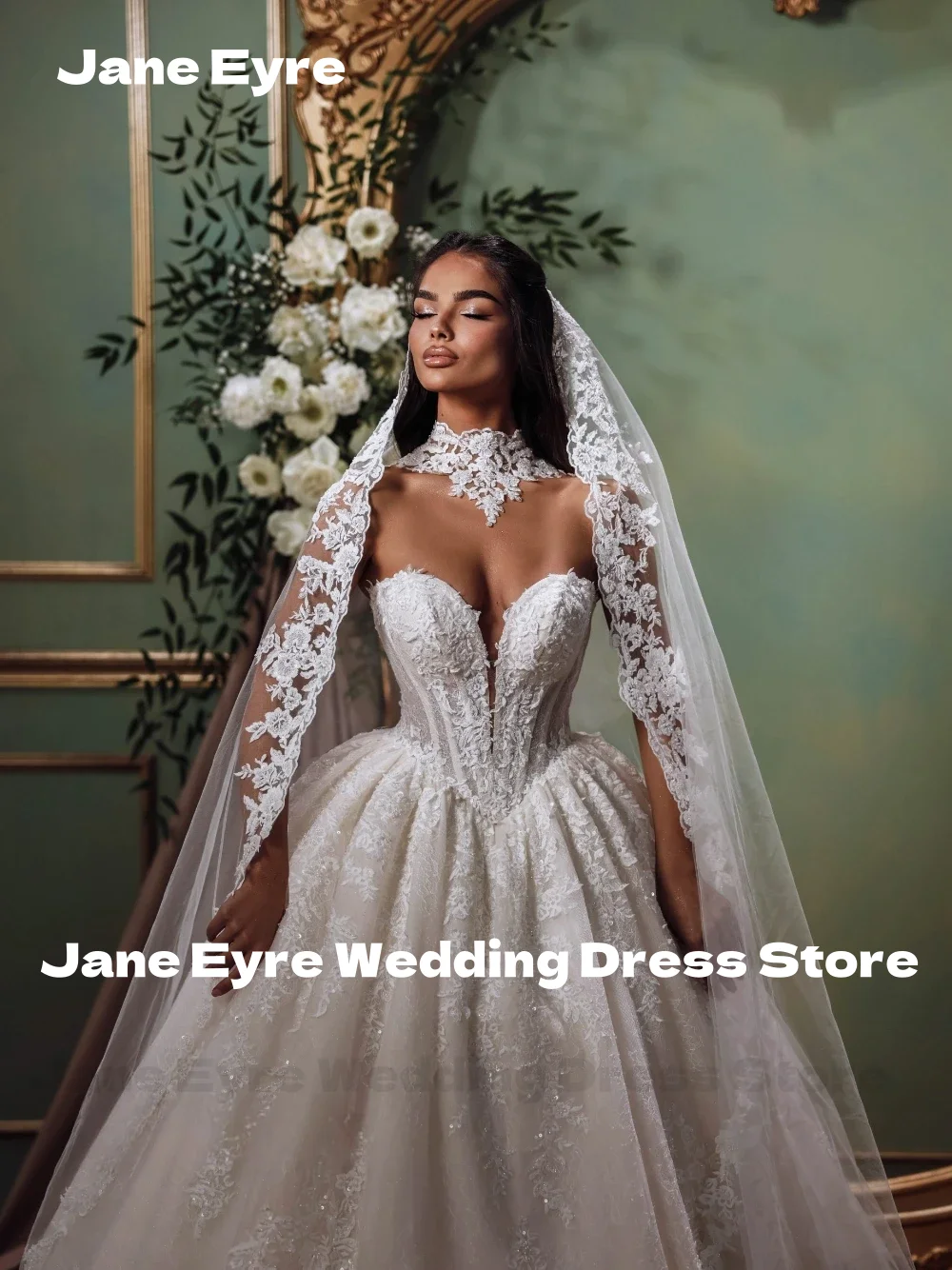 

Jane Eyre Customized Exquisite Women's Princess Ball Gown Lace Wedding Dress Sleeveless ChapelTrain Bridal Gown Vestido de Novia