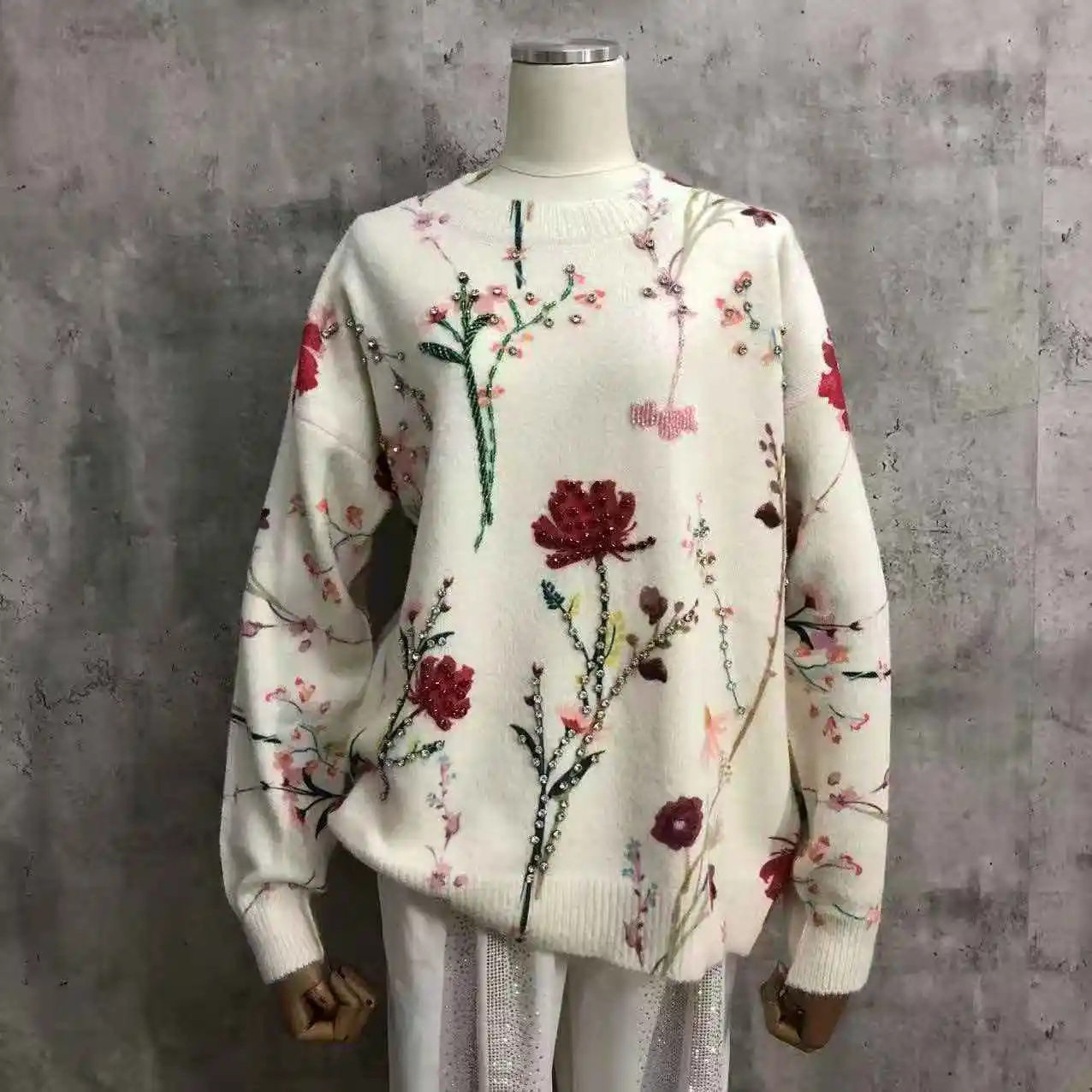 High-end Sparkle Diamonds Flowers Printed Sweater Women\'s Autumn Winter Clothes New Trend Outerwears Knitted Pullover pull femme