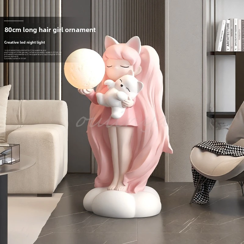 Home Decor Sculptures Figurines Decoration Accessories Long Haired Girl Night Light Ornaments Living Room Resin Animal Statues