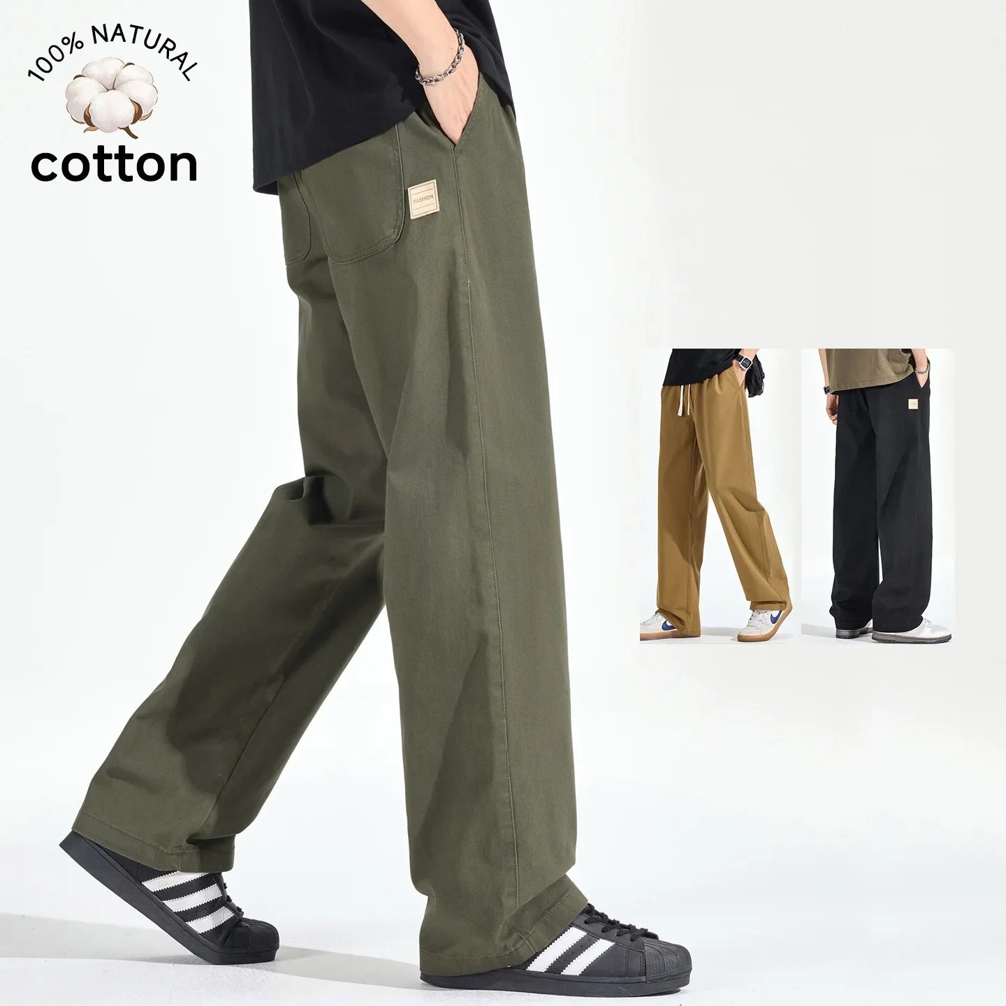 Autumn Winterr High-Quality 100%Cotton Casual Pants Men Elastic Waist Loose Baggy Straight Casual Work Cargo Khaki Trousers Male