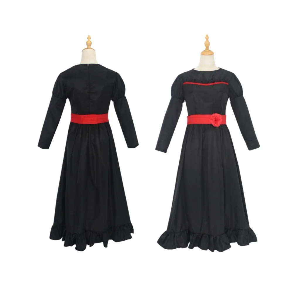 ANNA cosplay dress black and white two tone soul summoning horror doll costume long sleeved red rose waist cinching long skirt H view 3