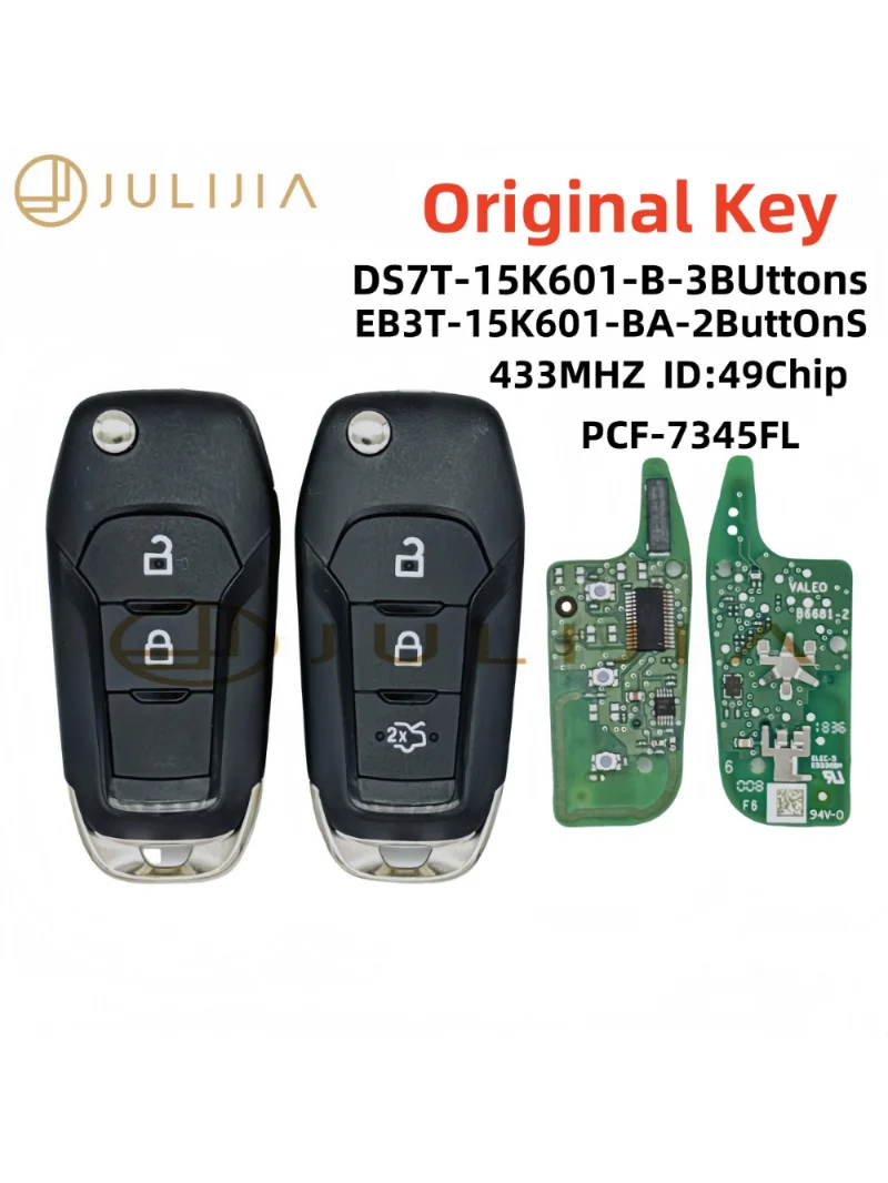 JULIJIA  OEM EB3T-15K601-BA Flip Folding Remote Car Key ID49 433Mhz For Ford F150 Ranger KA+ Mondeo V Galaxy S-Max DS7T-15K601-B