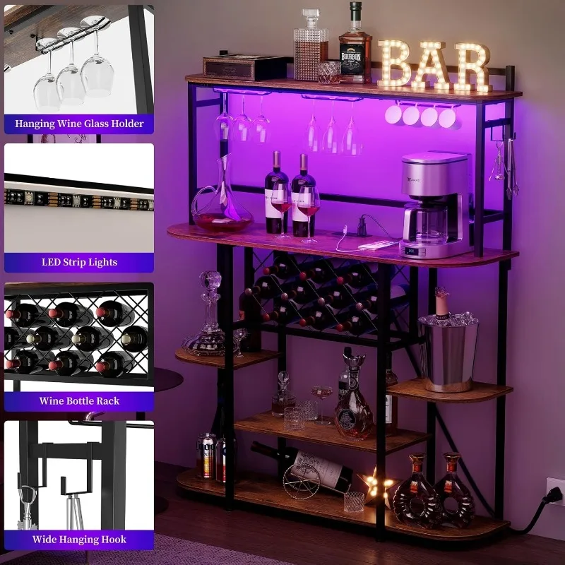 Armário de mesa de bar, equipado com soquetes de energia, luzes LED, armário de bar doméstico de 47 polegadas com rack de vinho, rack de vidro