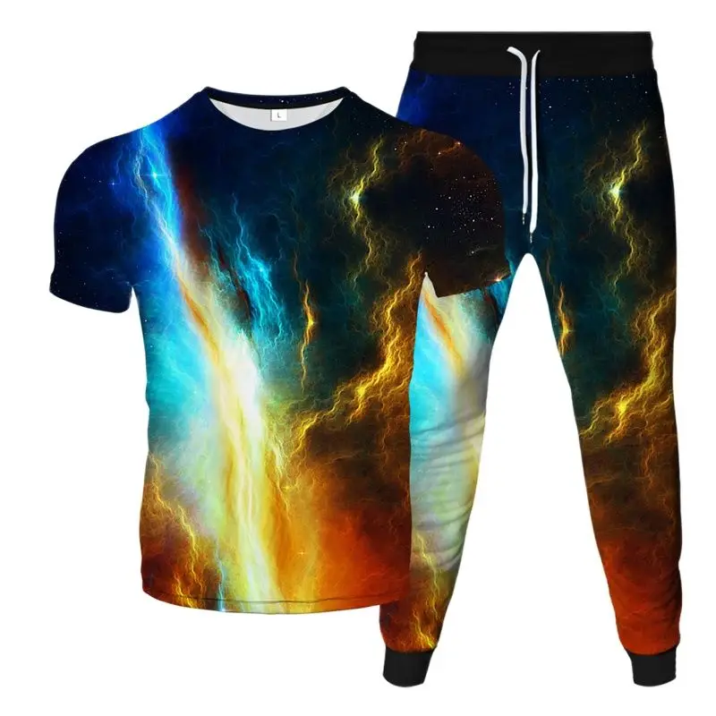 Colorful Galaxy Vortex Lightning Print Men Women Clothing Suit T-Shirt Jogging Pant 2Pcs Set Outdoor Casual Tracksuit Size S-6XL