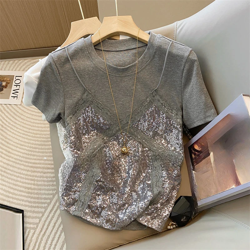 Gefälschte 2-teiliges T-shirt für Frauen Frühling Sommer Spitze Patchwork T-shirts Koreanische Mode Süße Kurzarm Ropa De Mujer