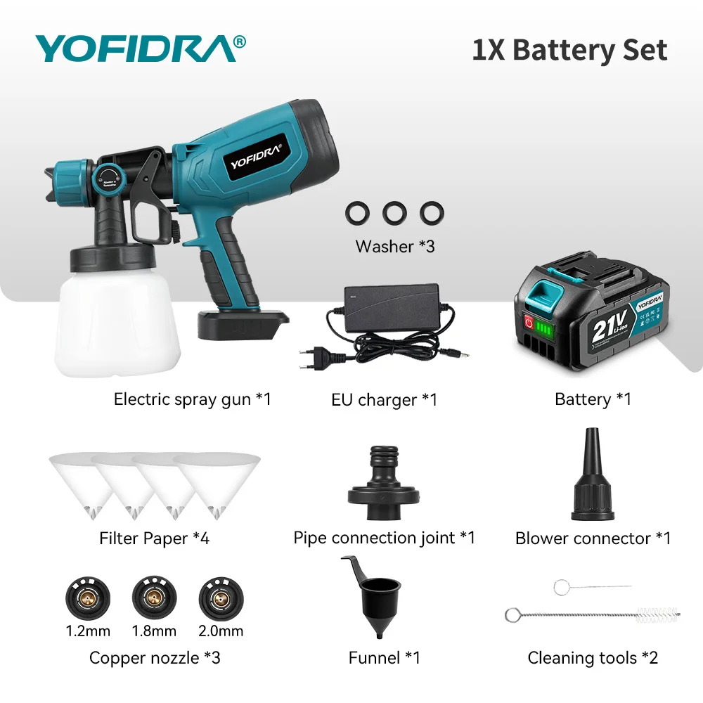 YOFIDRA 1000ML 66000RPM Elektrische Spritzpistole Kabellose Farbspritzpistole Auto-Stahlbeschichtung Airbrush Elektrowerkzeuge für Makita Akku