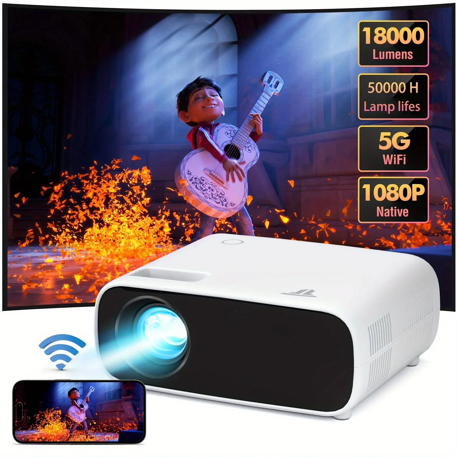 ZDK Home Theater Projector, 1080P Full HD,5G WiFi and Wireless 5.3 connectivity, compatible with smartphones/tablets/laptops.