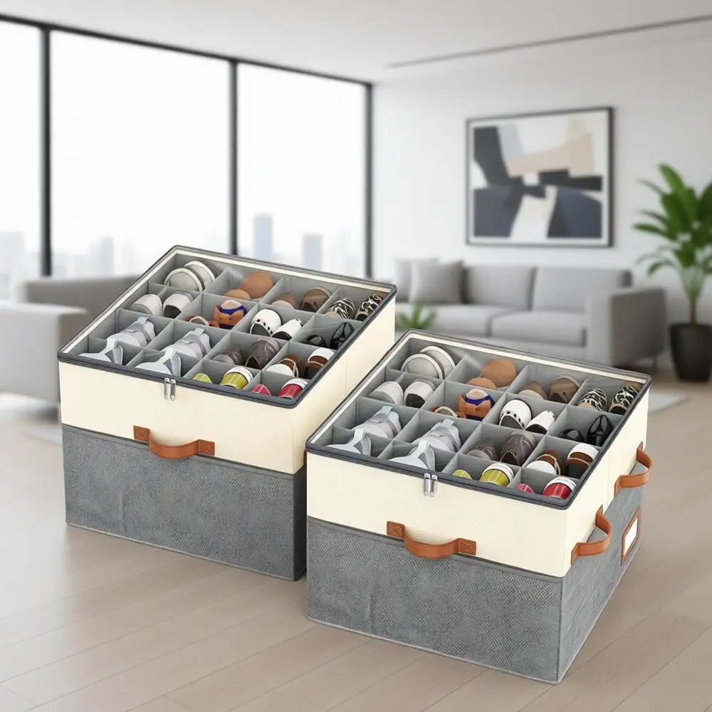 

2-Pack Collapsible Shoe Storage Boxes with Adjustable Dividers, Clear Lids, and 4 Handles, Holds Up to 32 Pairs, Beige and Gray