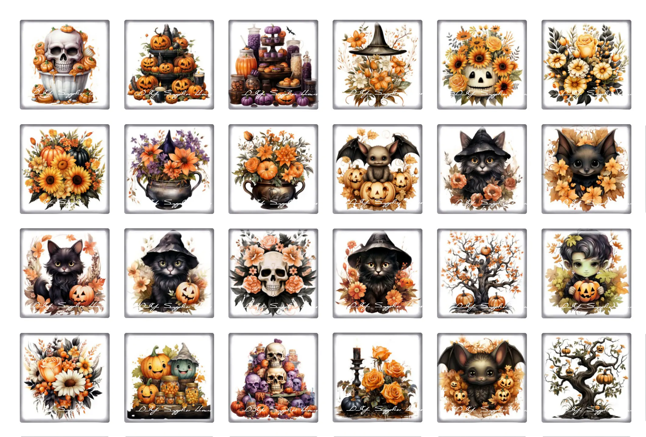 10pcs/lots Halloween Bat Skull Pumpkin WItch Cat Flower Square Photo Glass Cabochon Demo Flat Back Cameo For Diy Jewelry Making