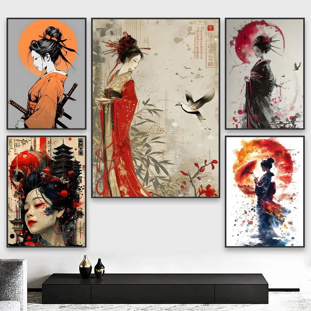 Retro Japanese Geisha Beautiful Poster HD art sticky wall waterproof home living room bedroom aesthetic decoration
