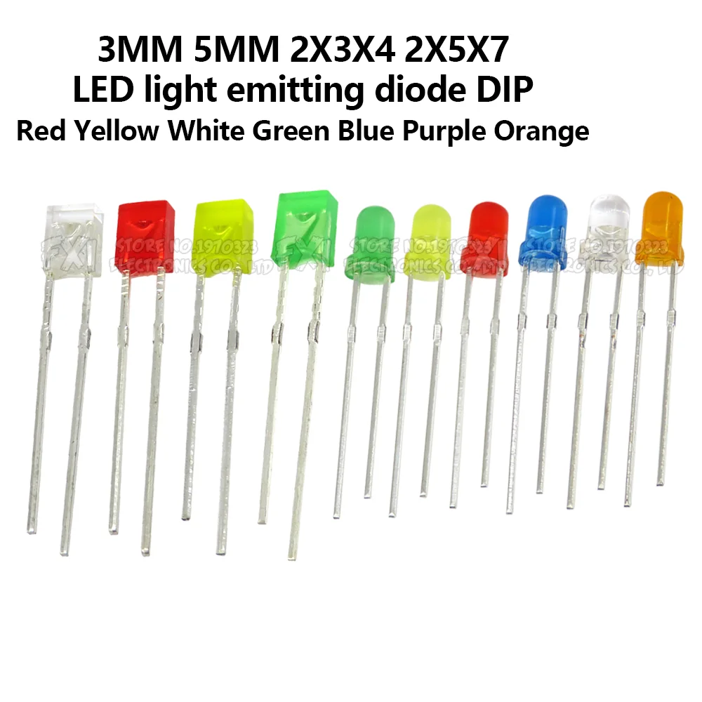 100PCS LED light emitting diode 2X3X4 2X5X7 3MM 5MM color blue red green white yellow purple electronic DIY KIT 