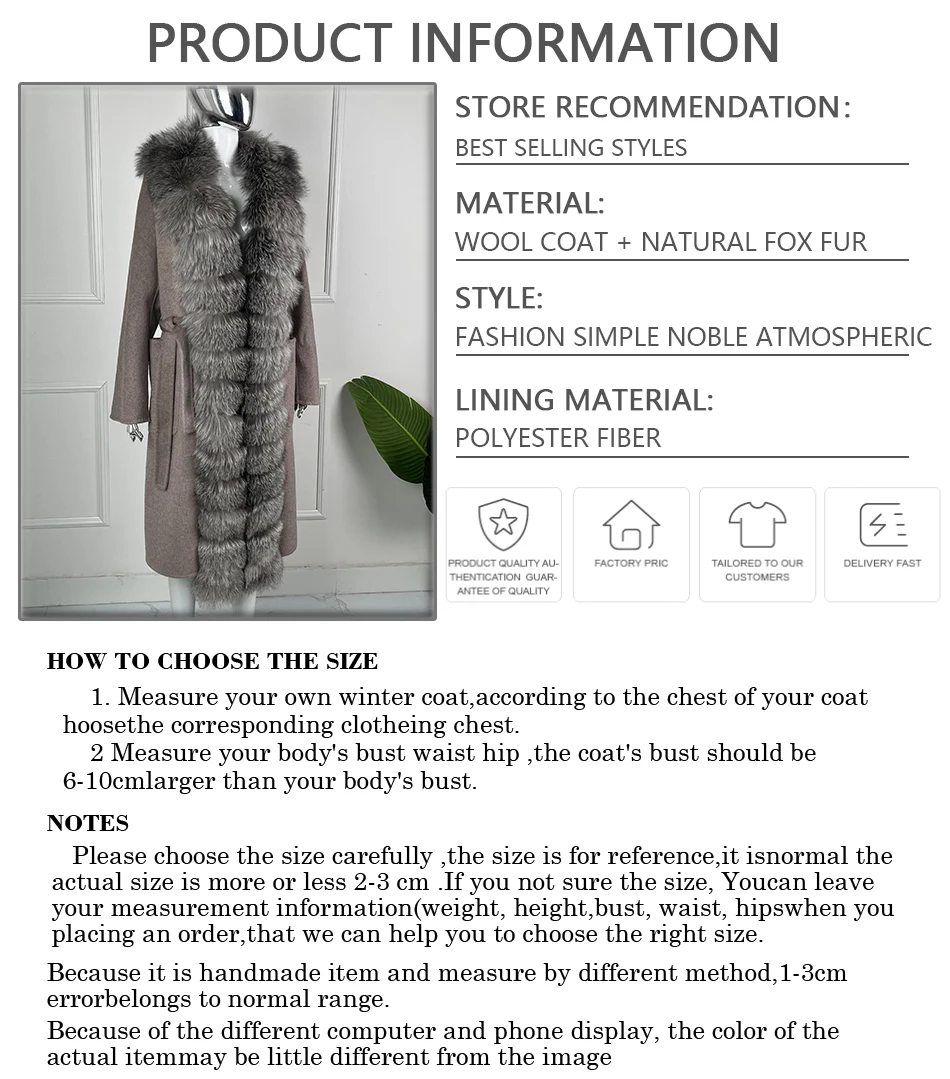 Wool Coats For Women Long Woolen Jackets With Real Sliver Fox Fur Trim Winter Warm Luxury Cashmere Coat Woman