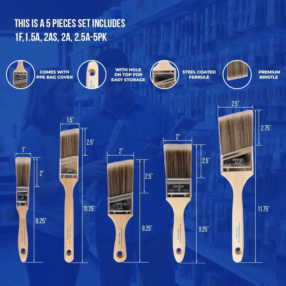5-Piece Paint Brush Set, Flat & Angle Brushes for Walls, Trim, Cabinets, Interior & Exterior Latex and Oil Paints, Stains