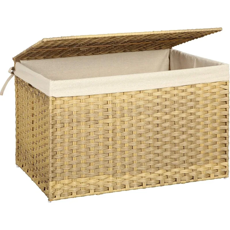 Storage Basket with Lid, 42.3 Gallon (160L) Storage Bin, Woven Blanket Storage Basket with Handles, Foldable, Removable Liner