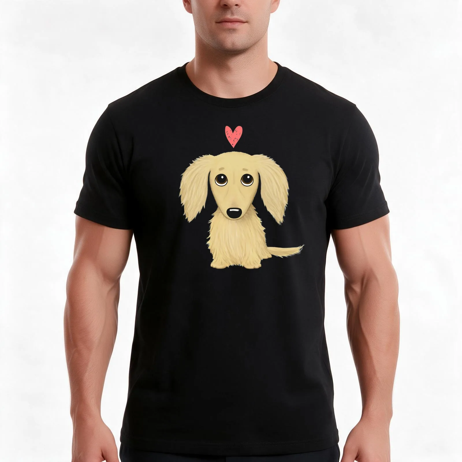 Longhaired Cream Dachshund Cartoon Dog with Heart T-Shirt, Summer Casual Cotton Tee, Oversized Streetwear Tops, Unisex Men Women