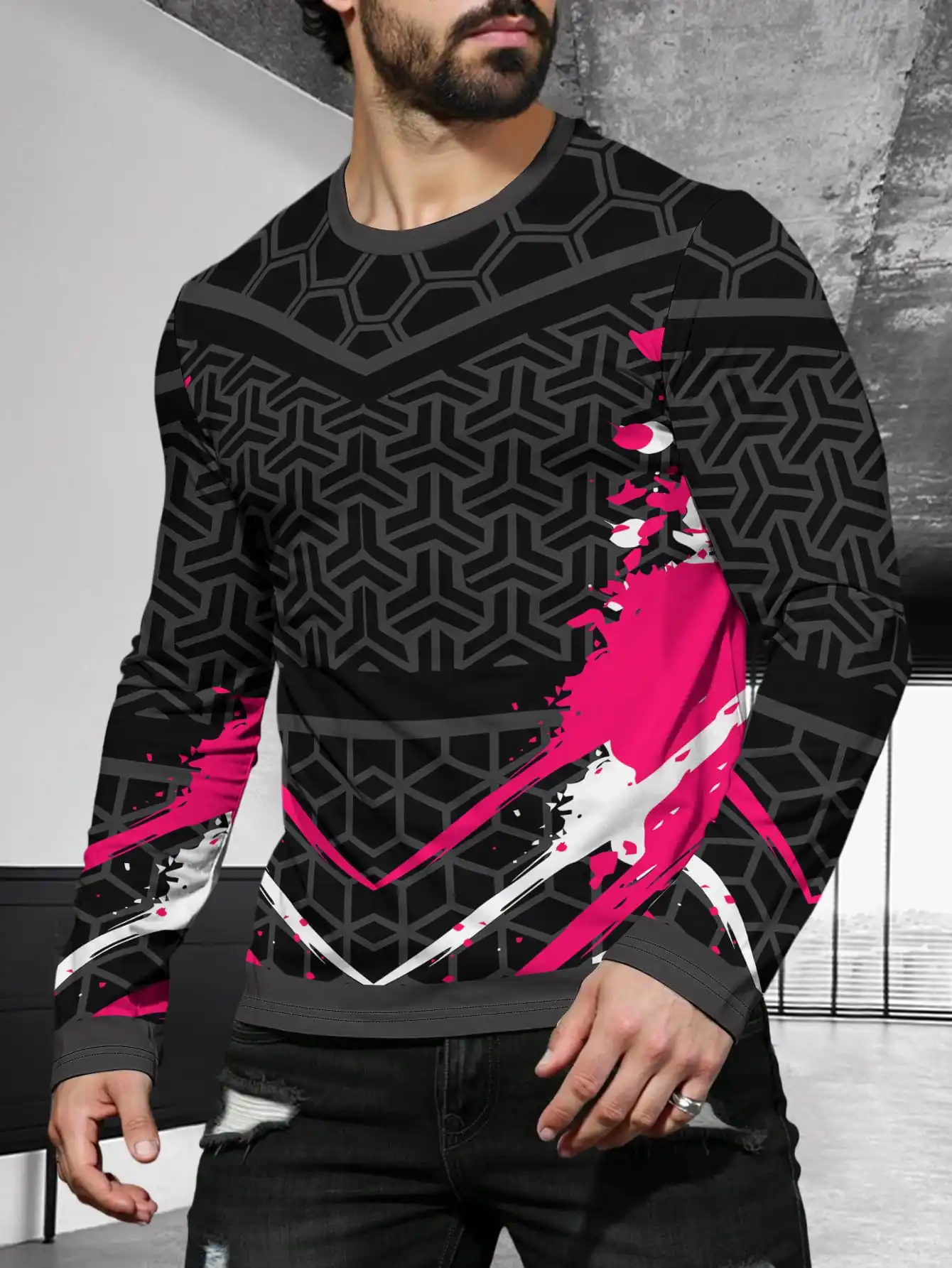 

Handsome Men Geometry T Shirts Fashion Casual 3D Print T Shirt Long Sleeve Spring Summer Simple Design Breathable Cotton 2025