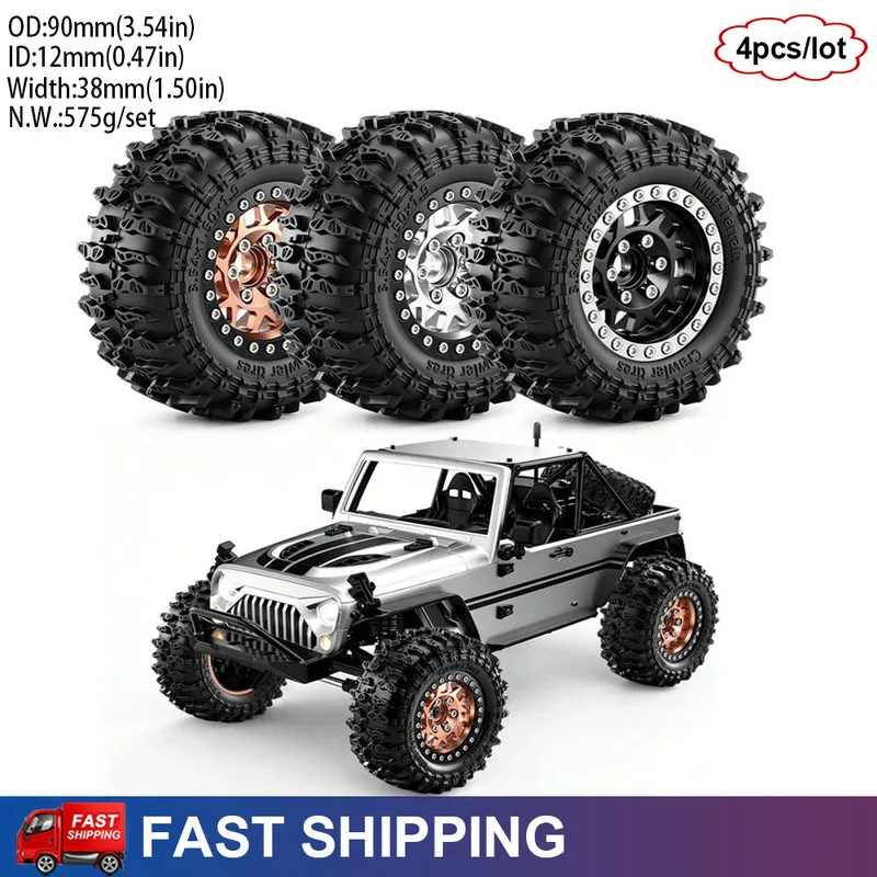 4pcs 1.9 inch 90*38mm Metal Beadlock Wheel Rim Tires Set For 1/12 MJX H12P H12Y 1/10 Traxxas TRX4 TRX6 SCX10 Axial D90 D110