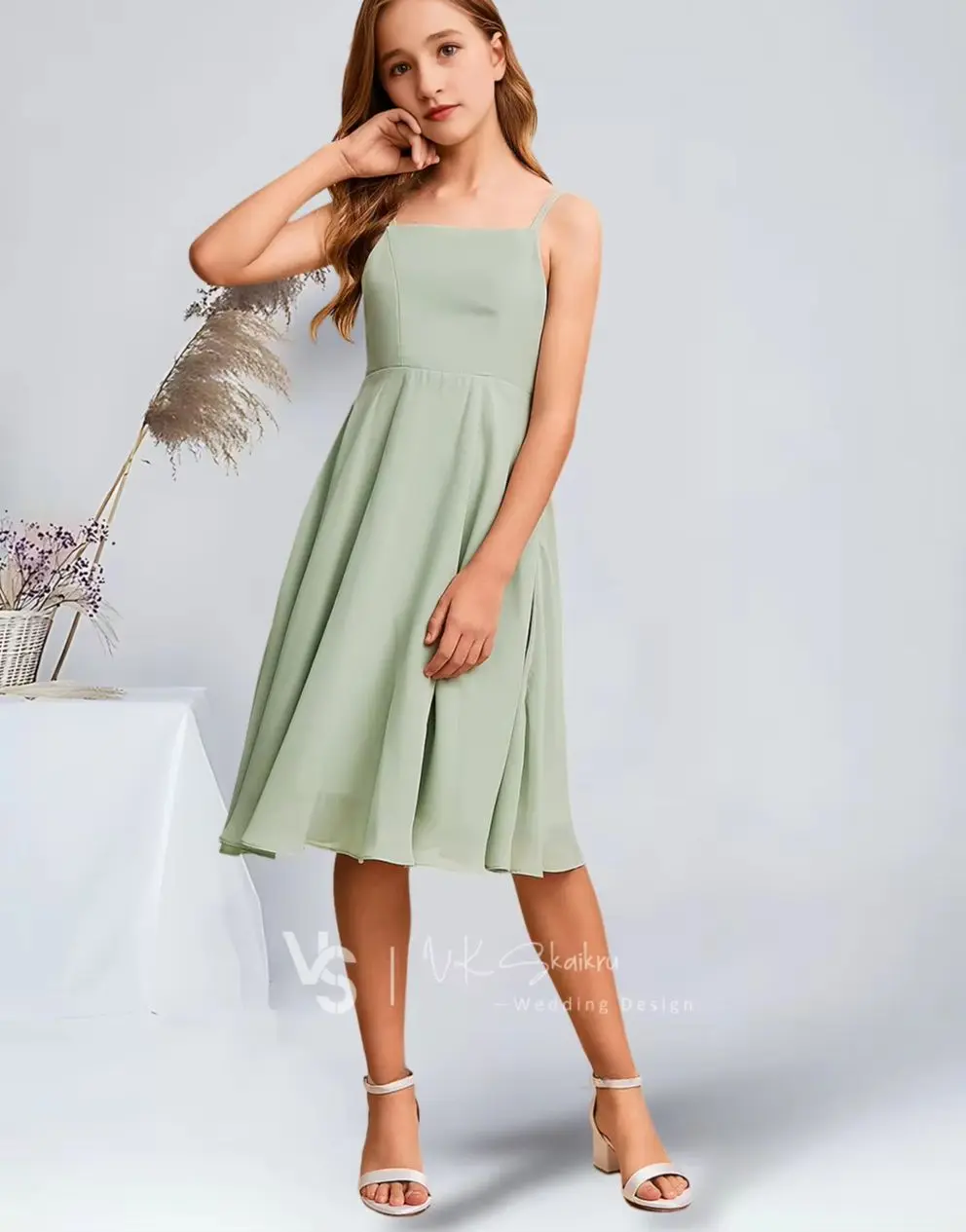 

BBA Kids Child A-Line Square Knee-Length Chiffon Junior Bridesmaid Dresses Blue Celadon Flower Girl Gowns for Kids Wedding Party