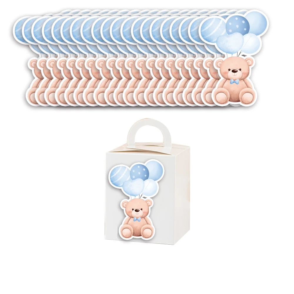 50pcs Pink Blue Balloon Bear Stickers Paper Tags for Baby Shower Kids Happy Birthday Party Decorations Gifts Packaging Supplies