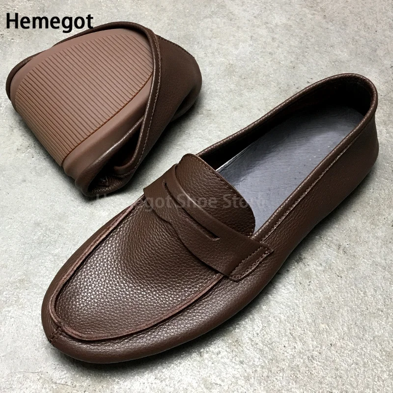 Brown Flat Loafers for Men New Breathable Soft Leather Single-Layer Cowhide Men's Shoes Leather Soft Soled Slip-On Shoes