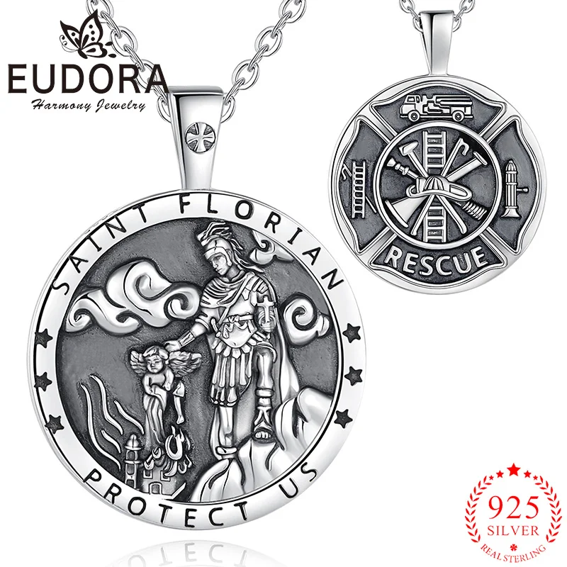 Eudora 925 Sterling Silver Saint Florian Necklace Cross Christian Pendant Warrior Amulet Men Woman Jewelry Personality Gift