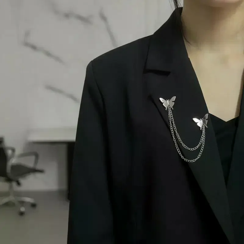 Punk Butterfly Chain Tassel Brooches Lapel Pin For Women Men Hip Hop Metal Suit Clip Cool Clothing Korean Accessories