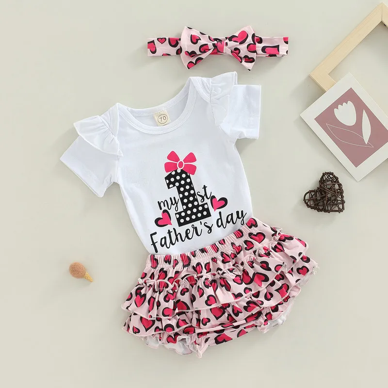 Baby Girls Three-piece Layette for Father's Day, White Short Sleeve Romper, Heart Print Shorts and Headdress