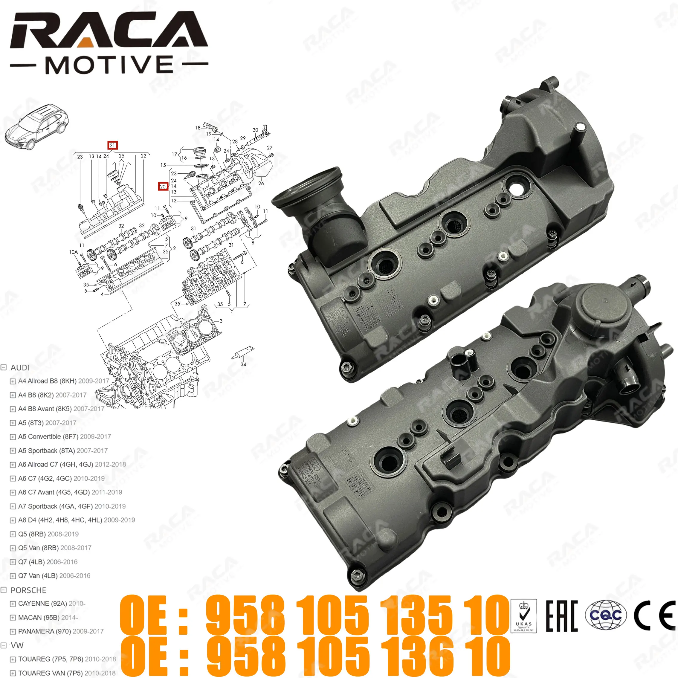 3.0 Displacement Engine Valve Cover Is Suitable for Porsche Cayenne 92A Macan 95B Panamera 970 Audi Q5 Q7 A4-A8 Volkswagen Touareg 7P5/7P6 95810513610 95810513510