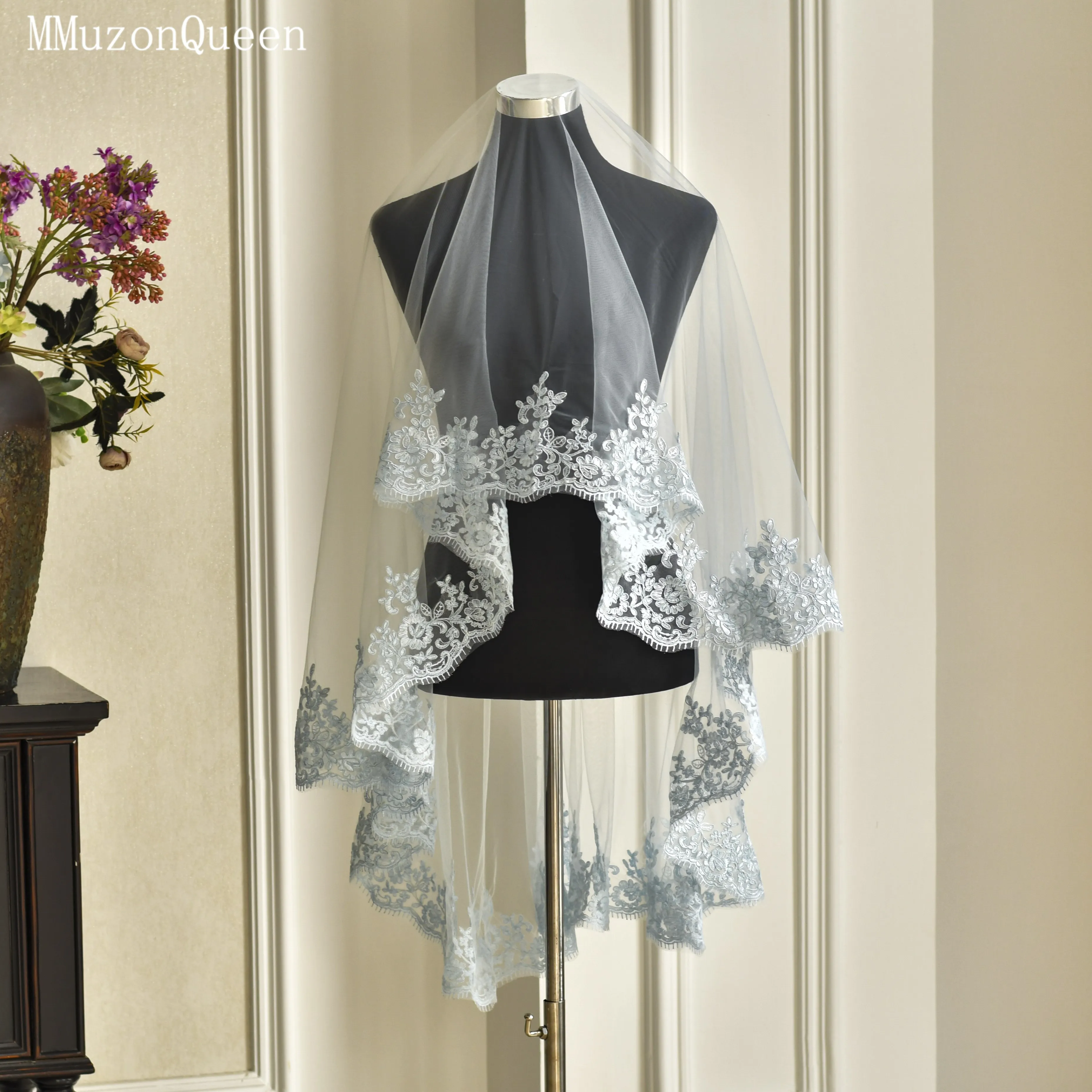 

TOPQUEEN Mantilla De Novia Velo Синяя кружевная свадебная фата, нежная пудровая фата, 1 слой, аксессуар для невесты, с возможностью индивидуального заказа M115