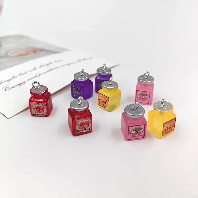 10pcs Kawaii Bee Beverage Bottle Resin Charms Simulation Strawberry Jam Pendants Accessories For Keychain Earrings Making
