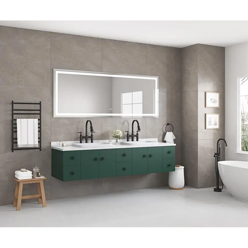 مرآة زينة LED مقاس 96 × 36 بوصة مع إضاءة أمامية وخلفية، مثبتة على الحائط، مضادة للضباب، وظيفة الذاكرة، 3 خيارات ألوان، بدون خطوات