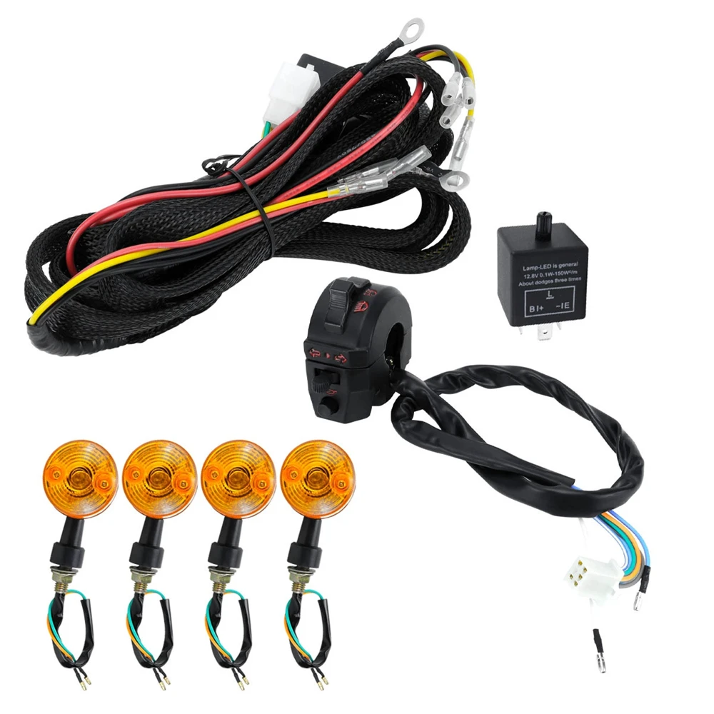 

For Yamaha Kawasaki 22mm 7/8" 12V Universal Motorcycle Indicator Wiring Loom Harness Swtich With 4x Indicators Turn Signal Light