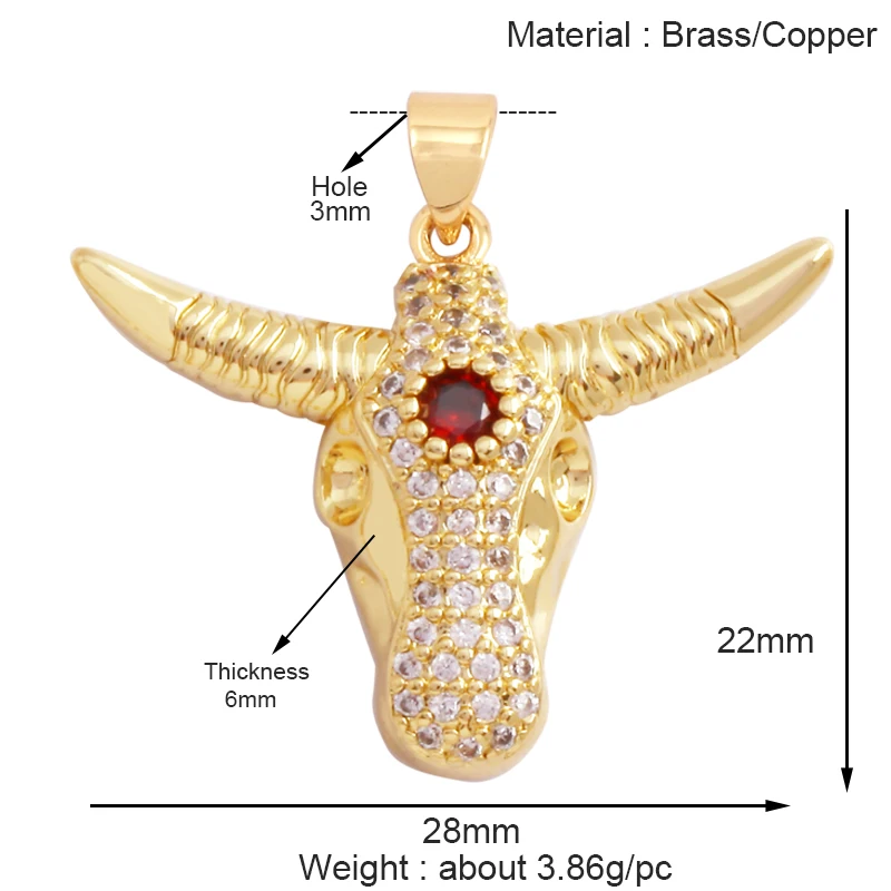 Animal Cow Ox Head Colourful Charm Pendant,18K Gold Plated Cubic Zirconia Necklace Bracelet for Jewelry Findings Supplies M62