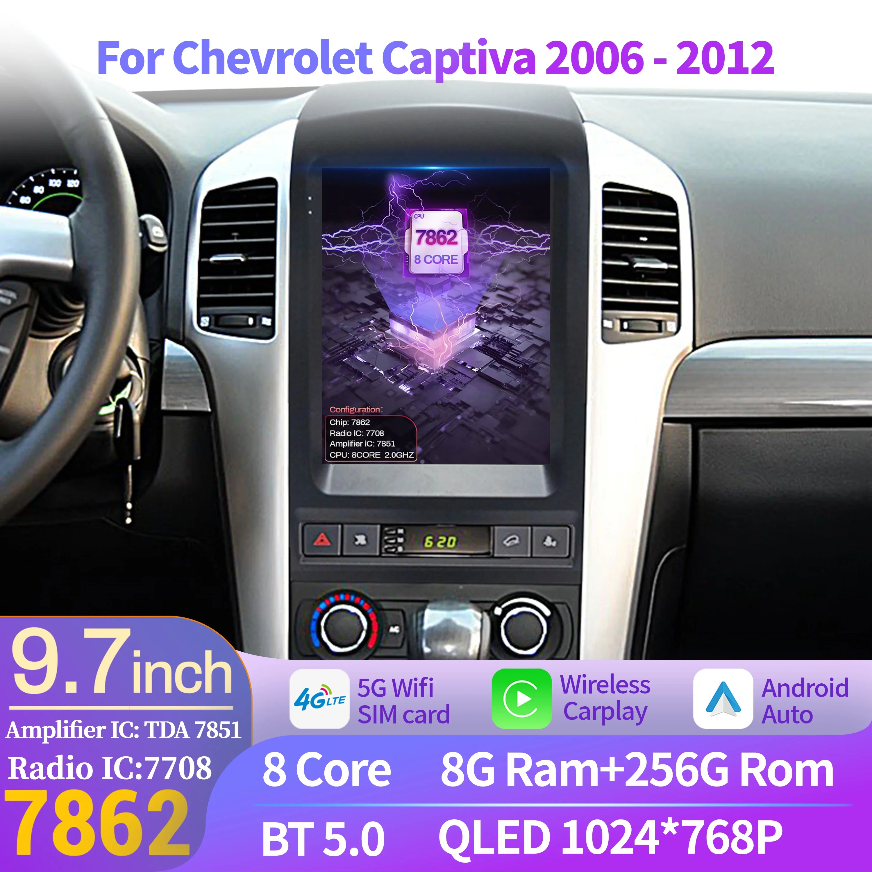 

9.7inch For Chevrolet Captiva 2006-2012 Bright Black Car Radio Multimedia Wireless BT Carplay Android 14 QLED Screen Stereo