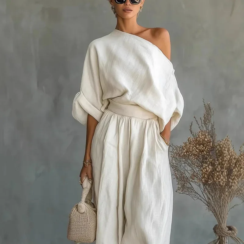 2026 New Summer Elegant Off Shoulder Long Sleeve Top Casual Lantern Pants Set Woman Sexy Solid Suit Autumn Loose Female Set