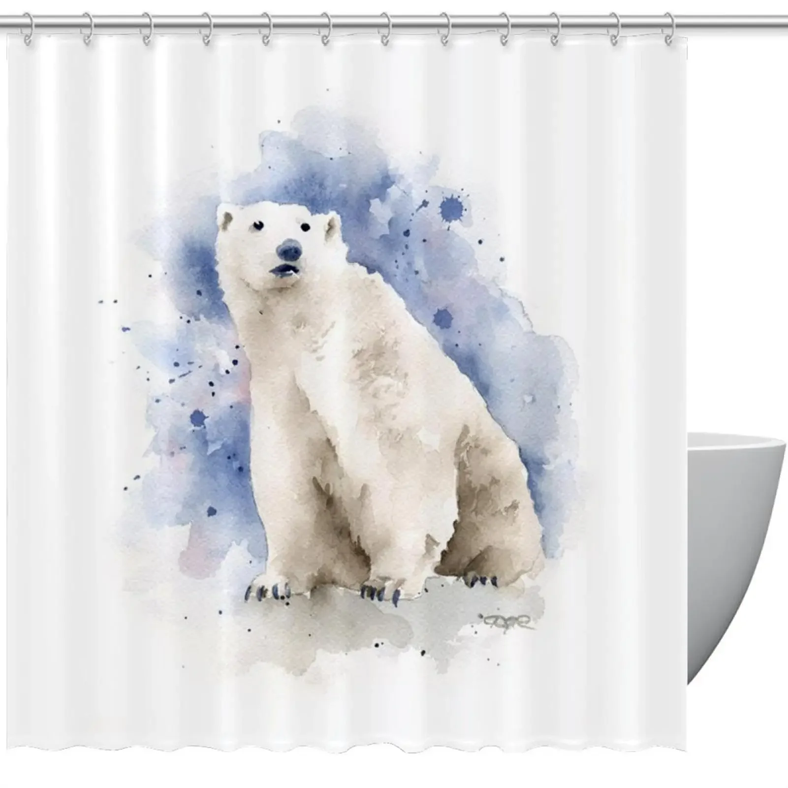 White Polar Bear Shower Curtain Cartoon Style Hand Drawn Animal Shower Curtains Bathroom Waterproof Bathtub Screen Decoration