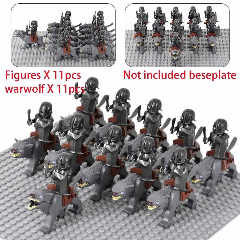 MOC Uruk-hai Orc Army Group Orcus Figures with Grey Wolf Mount Model Building Blocks LOTR Bricks Medieval Toys for Children gift