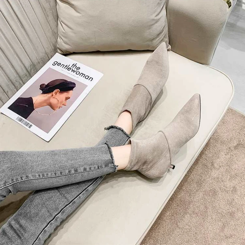 Footwear Pointed Toe Booties Elastic Suede Short Shoes for Women Elegant with Low Heels Female Ankle Boots Trend 2024 Sale Boot