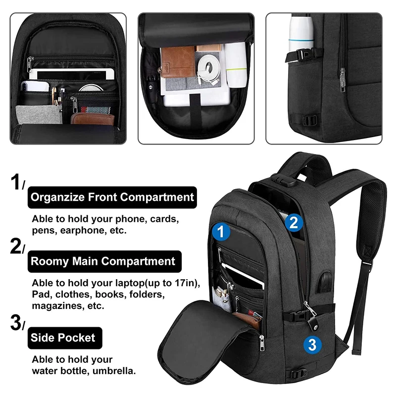 Laptop backpack men business waterproof backpack bag with USB port and lock use for work study travel