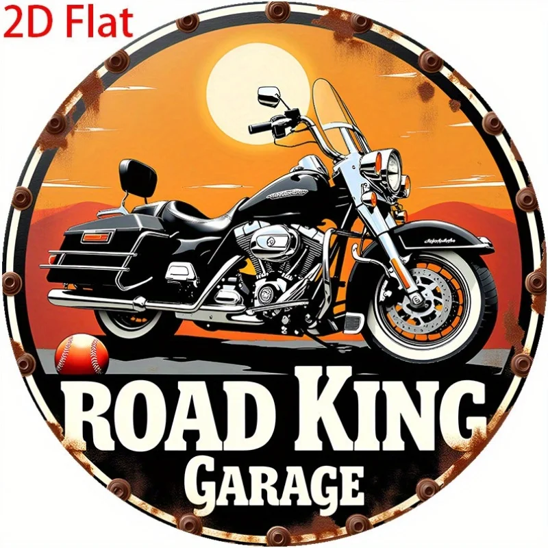1PC 2D Flat Vintage Road King Motorcycle Round Metal Sign 20.32cm Man Cave Bar Cafe Home Wall Decor