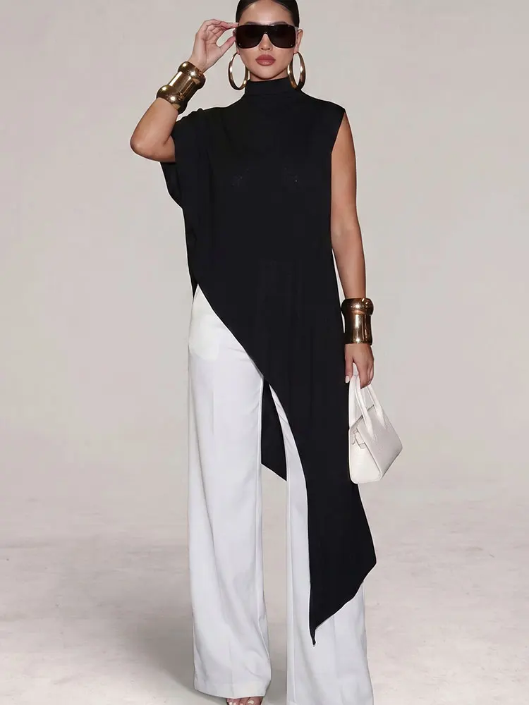 HH Womens Black Stand Neck Asymmetrical Cape Sleeve Top Ruffled Hem Casual Summer Vacation Loose Long Fashion Party Tops