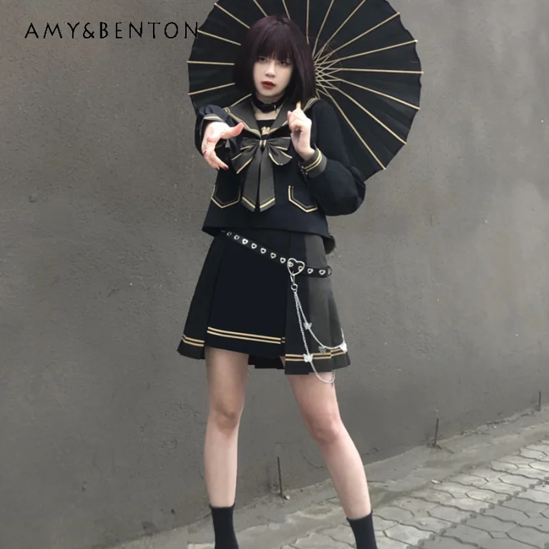 2024 New Japanese Original JK Uniform Sailor Collar Bow Striped Black Color Long Short Sleeves Top Pleated Skirt Suit For Female